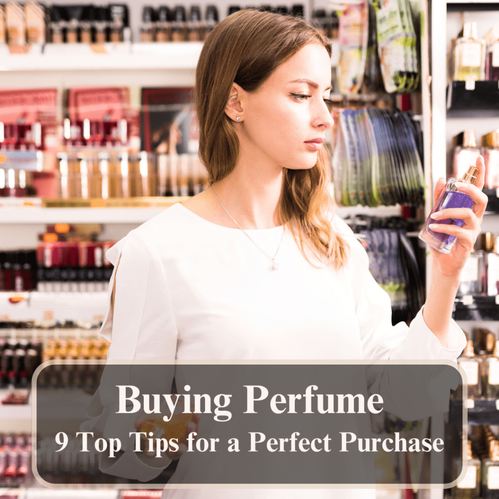 Woman buying perfume, examining a bottle.