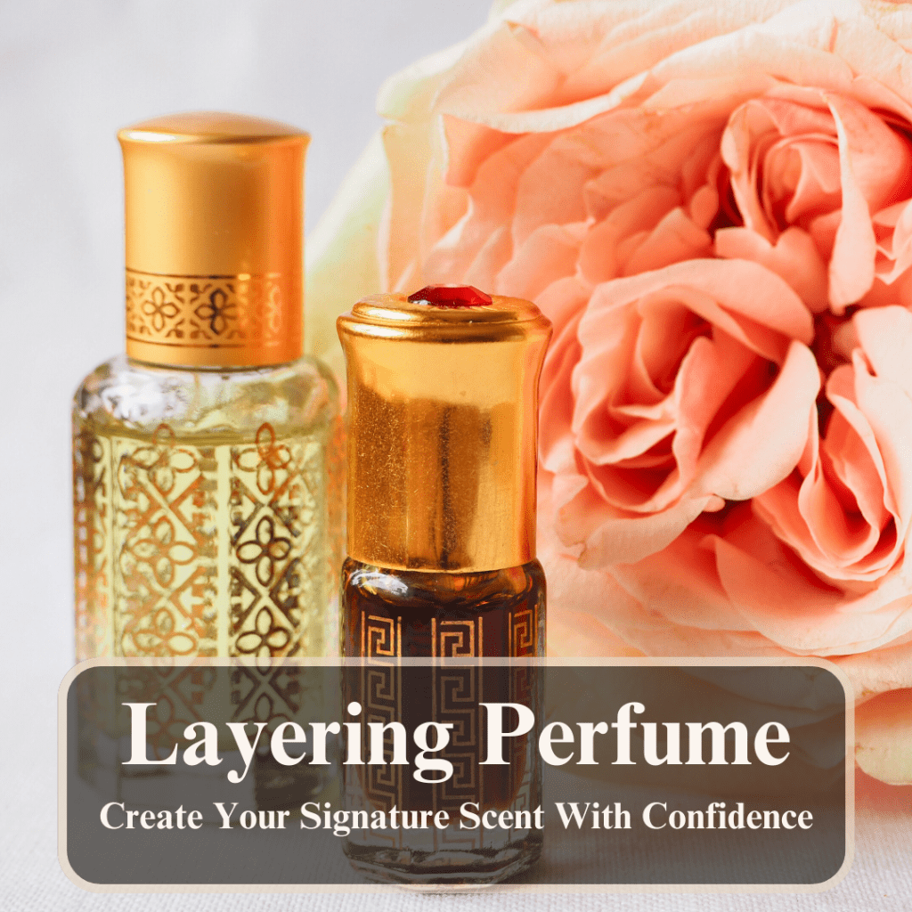 Two bottles of perfume for layering perfume, beside a rose.